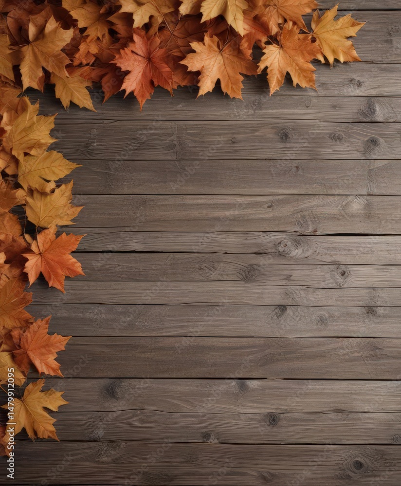 Obraz premium Crisp maple leaves arranged on weathered wooden surface , brown, fall foliage