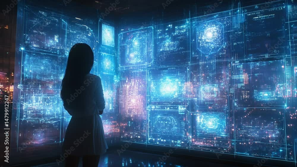 Woman gazing at futuristic holographic display in urban setting Woman gazing at futuristic holographic display in urban setting