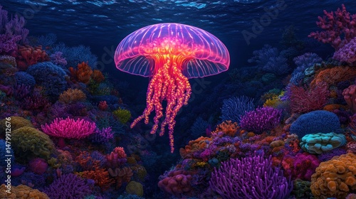 Fototapeta Naklejka Na Ścianę i Meble -  Glowing jellyfish over vibrant coral reef