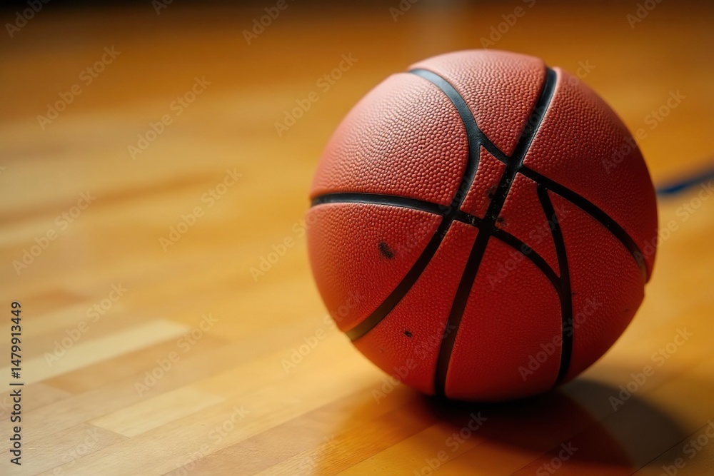 Obraz premium Close-up of a basketball, worn and scuffed, resting on a hardwood court , movement, bounce