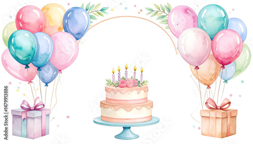 A watercolor birthday scene features a two-tiered cake with lit candles, surrounded by colorful balloons, gift boxes with bows, and leafy decorations