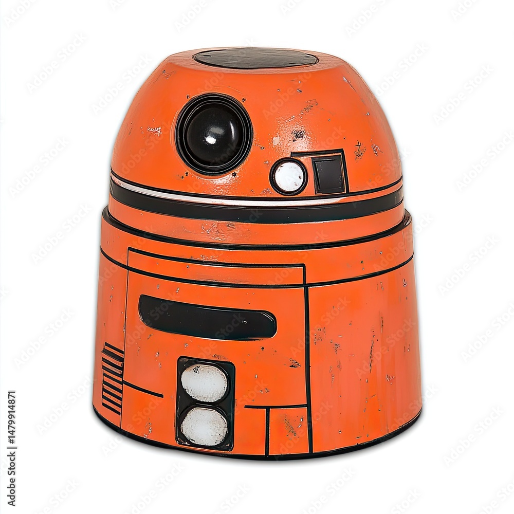 Fototapeta premium Orange droid, round body, weathered paint, simple design, futuristic