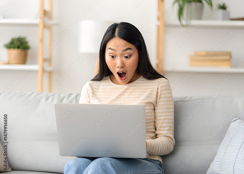 Naklejka premium Some Problem. Surprised and shocked asian lady watching something unbelievable and unexpected on computer, sitting on couch at home, copy space. Young woman with open mouth using laptop