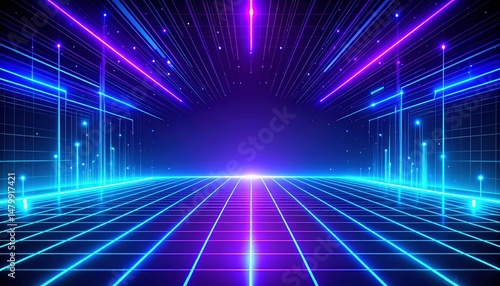 Futuristic Neon Landscape With Blue Grid And Purple Light Rays In Dark Background