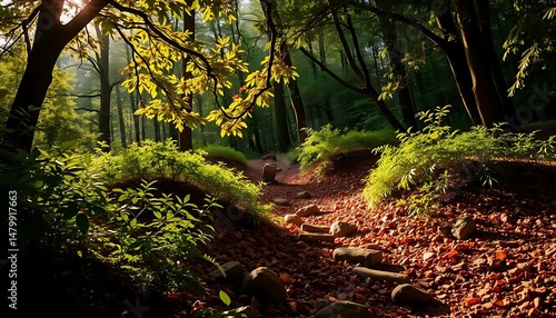 Wallpaper Mural Sun-Drenched Forest Path: A Serene Woodland Scene of Tranquility and Natural Beauty Torontodigital.ca