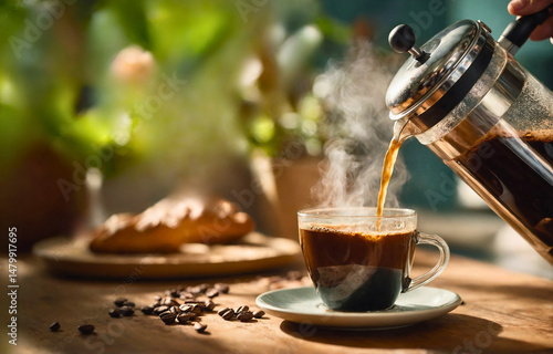 Close-up of a hand pouring freshly brewed coffee from a French press into a cup.
