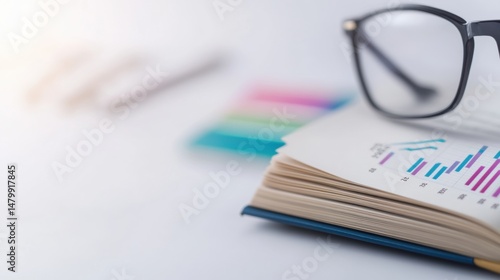 Close-up of eyeglasses resting on documents with colorful bar charts and graphs, office workspace with reports and stationary for business analysis