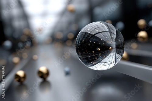 A remarkable translucent sphere floats above a reflective surface, surrounded by blurred orbs, creating a mesmerizing composition that captivates the viewer's imagination.