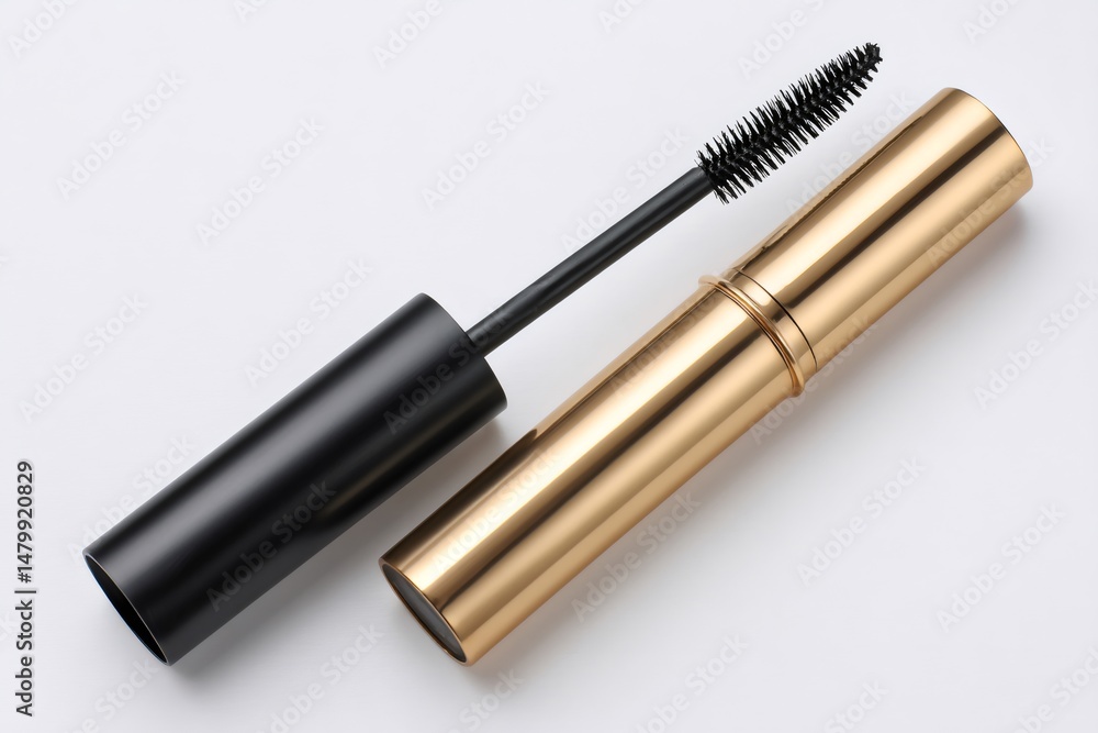 Obraz premium Black mascara brush and golden tube lying on white background