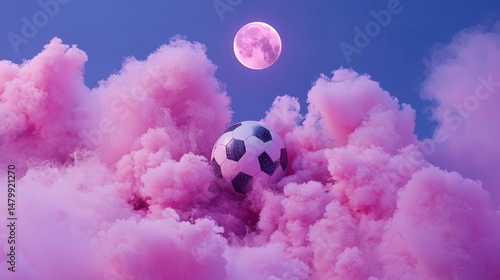 Soccer ball in pink clouds