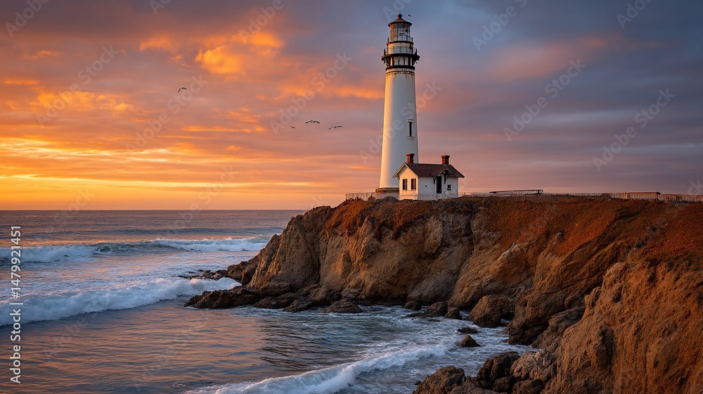 Fototapeta premium Coastal lighthouse bathed in sunset glow