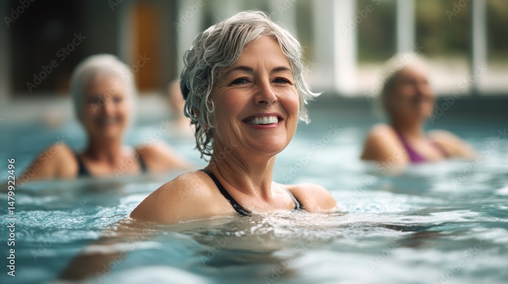 Fototapeta premium Group of senior women smiling and doing aqua aerobics in swimming pool