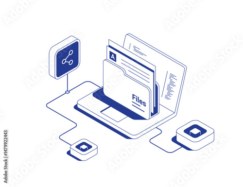Folder share concept with laptop showing documents and files with share icon symbolizing data transfer in isometric line contour vector illustration.