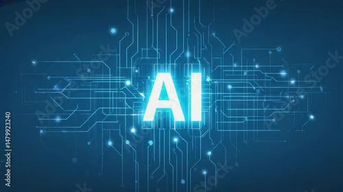 Glowing AI letters surrounded by futuristic digital circuit lines on blue background. Modern tech concept symbolizing artificial intelligence, innovation, and digital transformation