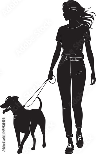 A black vector silhouette depicts a woman walking her dog on a leash, an artistic illustration of a person with their pet