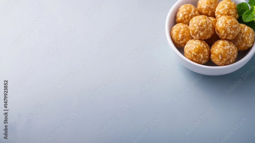 Close-up of a White Bowl Filled with Sweet and Chewy Brown Sugar Flavored Taro Balls on a Light Blue Surface with Minimalist Background Close-up of a White Bowl Filled with Sweet and Chewy Brown Sugar Flavored Taro Balls on a Light Blue Surface with Minimalist Background