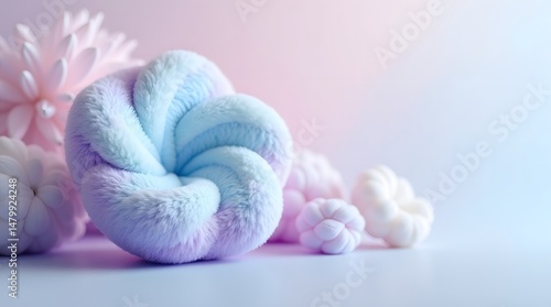 A soft pastel blue and pink plush pillow shaped like a cloud, surrounded by stylized floral decorations.