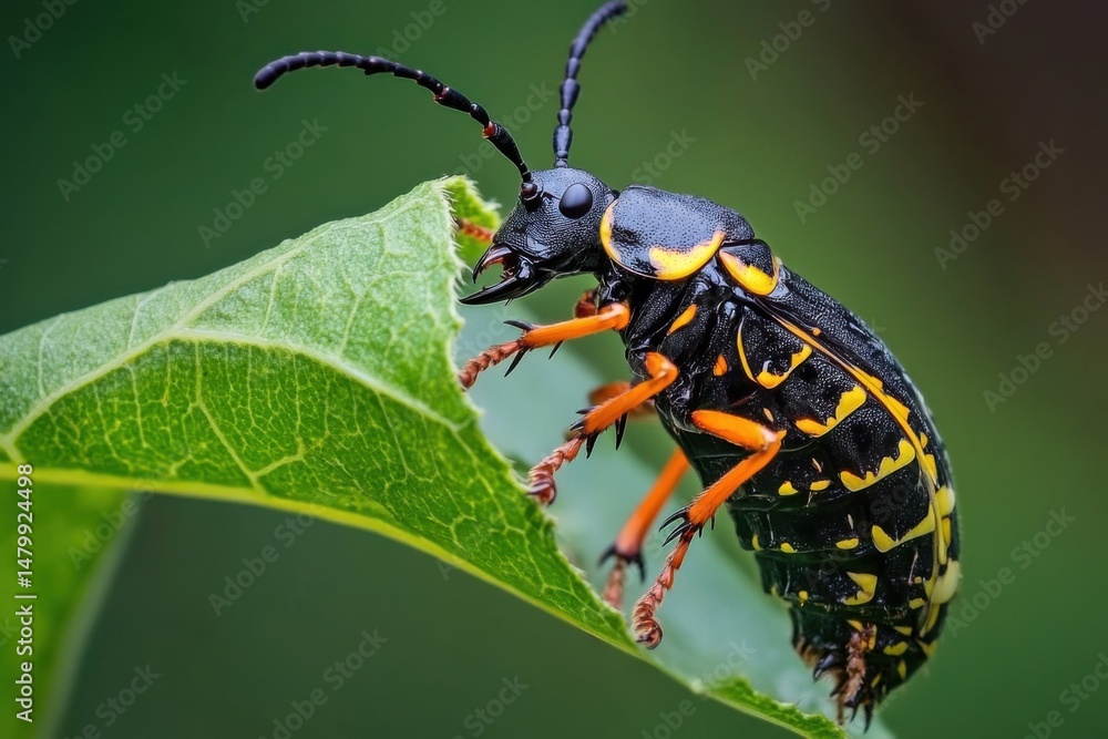 Fototapeta premium Big insect crawling and feeding on a plant, leaf hole details shown