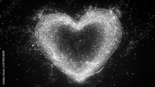 Glowing heart shape formed by swirling particles on black background
