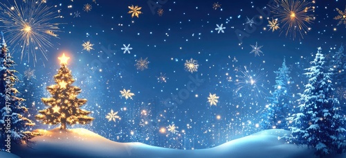 Illuminated Christmas tree in snowy landscape with fireworks