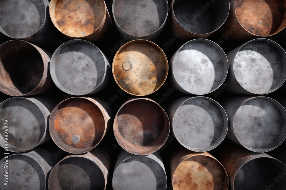 Rows of metal drums, weathered and stacked, showing a pattern of rust and shadow. Interesting abstract background. Rows of metal drums, weathered and stacked, showing a pattern of rust and shadow. Interesting abstract background.