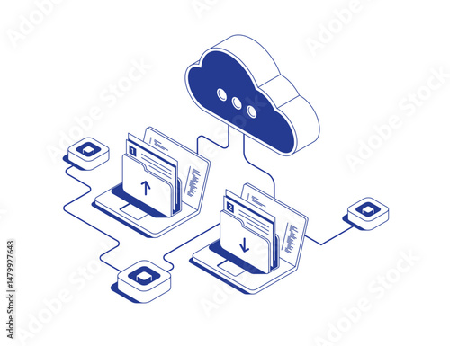 Cloud data transfer process showing two laptops connected to cloud storage with upload and download folder icons in isometric line contour vector illustration.