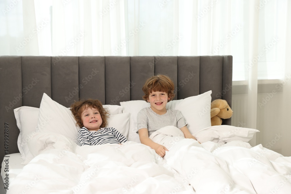 Fototapeta premium Cute little brothers laying in bed at home
