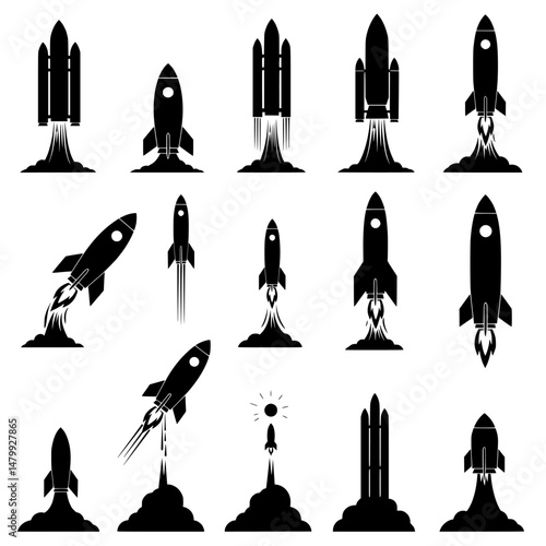 rocket launch icon set vector silhouettes illustration. Rocket Launch Sequence Vector Set – Stages of Spacecraft Liftoff with Smoke, Fire, and Launchpad Icons for Space Exploration. 