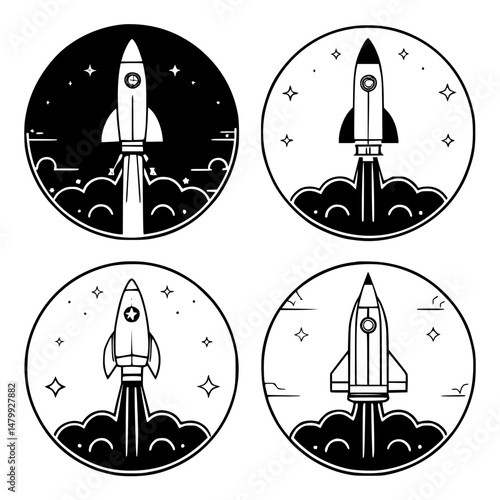 rocket launch icon set vector silhouettes illustration. Rocket Launch Sequence Vector Set – Stages of Spacecraft Liftoff with Smoke, Fire, and Launchpad Icons for Space Exploration. 