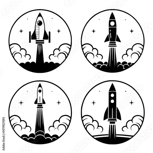rocket launch icon set vector silhouettes illustration. Rocket Launch Sequence Vector Set – Stages of Spacecraft Liftoff with Smoke, Fire, and Launchpad Icons for Space Exploration. 