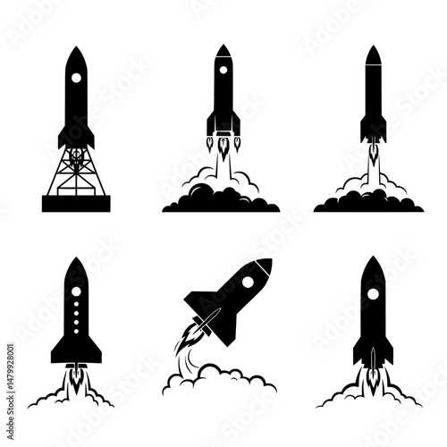 rocket launch icon set vector silhouettes illustration. Rocket Launch Sequence Vector Set – Stages of Spacecraft Liftoff with Smoke, Fire, and Launchpad Icons for Space Exploration. 