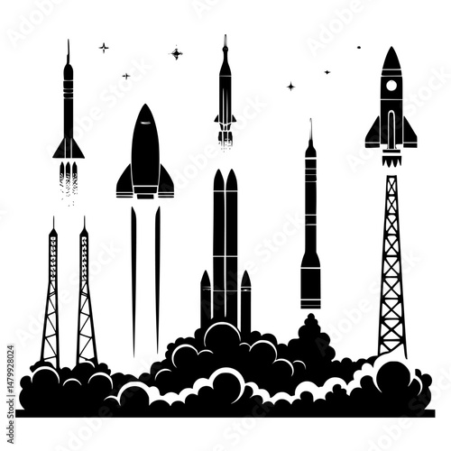 rocket launch icon set vector silhouettes illustration. Rocket Launch Sequence Vector Set – Stages of Spacecraft Liftoff with Smoke, Fire, and Launchpad Icons for Space Exploration. 