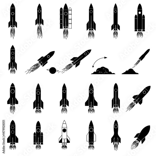 rocket launch icon set vector silhouettes illustration. Rocket Launch Sequence Vector Set – Stages of Spacecraft Liftoff with Smoke, Fire, and Launchpad Icons for Space Exploration. 