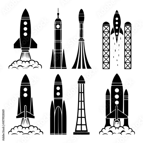 rocket launch icon set vector silhouettes illustration. Rocket Launch Sequence Vector Set – Stages of Spacecraft Liftoff with Smoke, Fire, and Launchpad Icons for Space Exploration. 