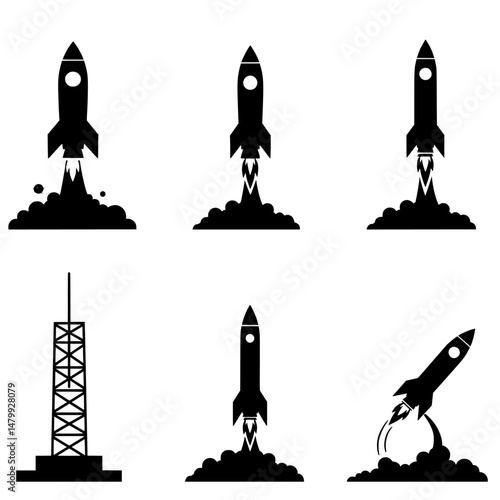 rocket launch icon set vector silhouettes illustration. Rocket Launch Sequence Vector Set – Stages of Spacecraft Liftoff with Smoke, Fire, and Launchpad Icons for Space Exploration. 