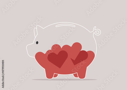 A playful piggy bank showcases an array of red hearts packed inside, representing the nurturing of emotional wealth and personal connections