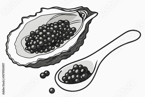1 black caviar on white spoon, black caviar in oyster shell, closeup, high detail, studio lighting, hyper-realistic, 8K resolution