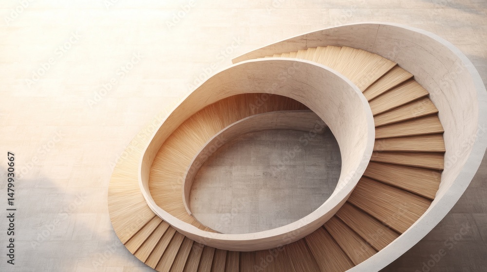Fototapeta premium Double spiral staircase, wood and concrete, sunlit