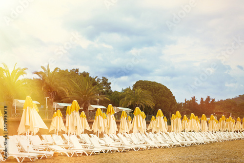 Fototapeta Naklejka Na Ścianę i Meble -  Deck chairs standing in a row on tropical sand beach. Vacation and summer holiday trip concept.