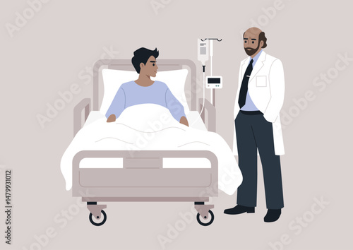 In a modern hospital room, a doctor engages with a patient receiving care, The interaction emphasizes the importance of healthcare, empathy, and communication in recovery