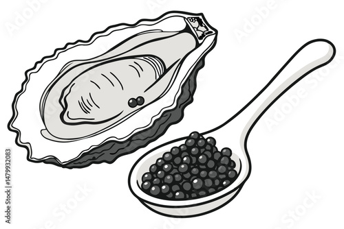 1 black caviar on white spoon, black caviar in oyster shell, closeup, high detail, studio lighting, hyper-realistic, 8K resolution