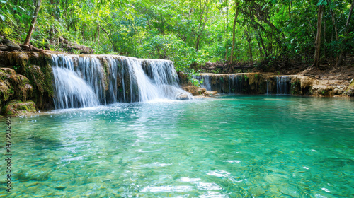Serene nature view of tranquil waterfall cascading into clear turquoise pool surrounded by lush greenery