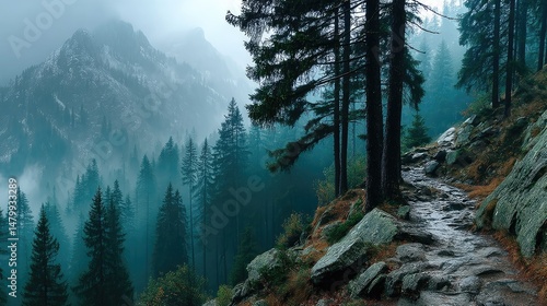Mysterious foggy mountain path surrounded by pine forest nature photography tranquil environment