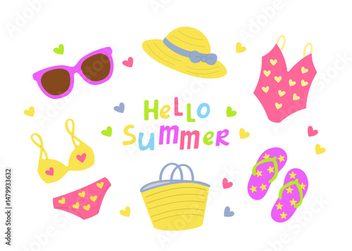 Flat vector set of summer accessories. Cute cartoon-style hat, swimming suit, sunglasses, and flip flops on white background