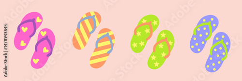 Set of colorful flip flops in cartoon style. Hand-drawn summer sandals isolated on white background.