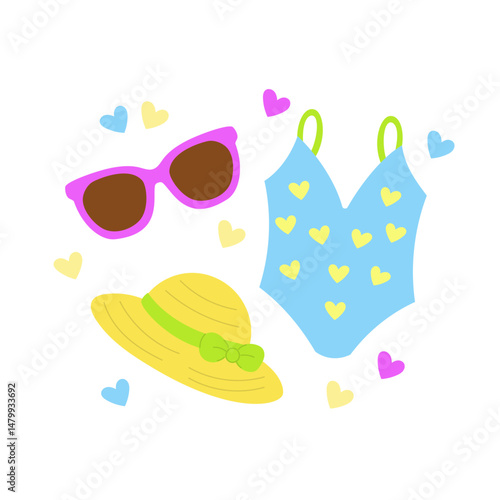 Flat vector set of summer accessories. Cute cartoon-style hat, swimming suit, sunglasses, and flip flops on white background