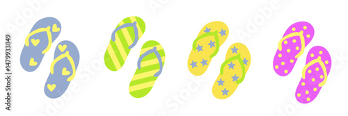 Set of colorful flip flops in cartoon kawaii style. Hand-drawn summer footwear isolated on white background.