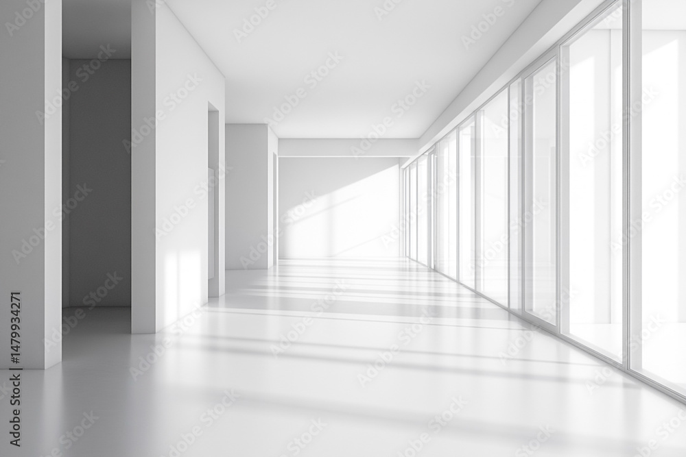 Fototapeta premium Sunlit minimalist white hallway with large windows bright interior design
