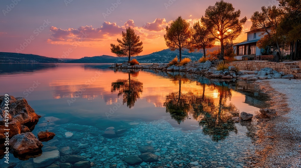 Fototapeta premium Tranquil lake sunset reflections serene landscape nature photography peaceful environment scenic view