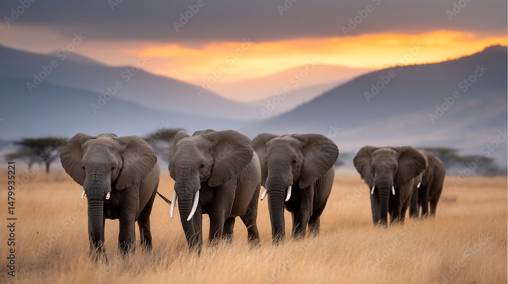 Fototapeta premium Elephant parade struts across serene landscape
